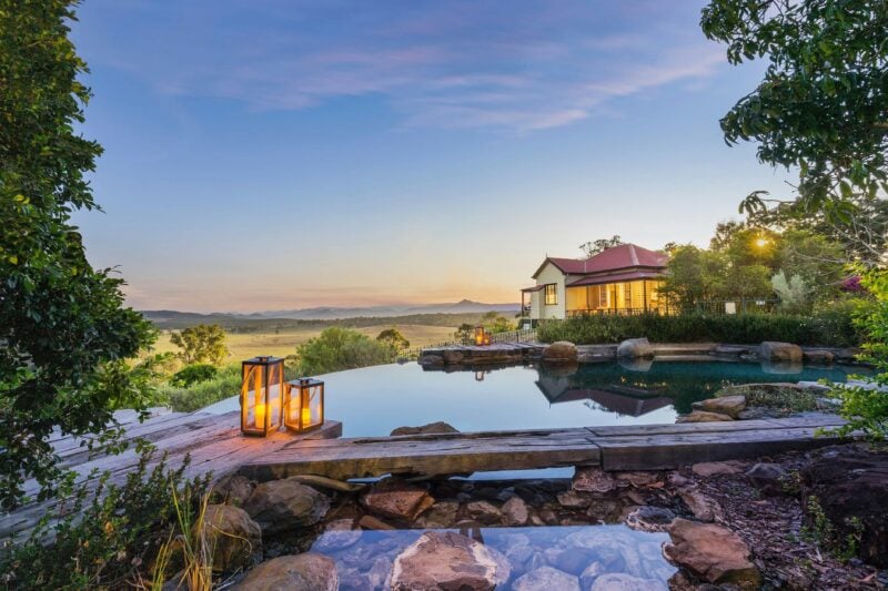 Pool at Spicers Hidden Vale with valley views and clear blue sky