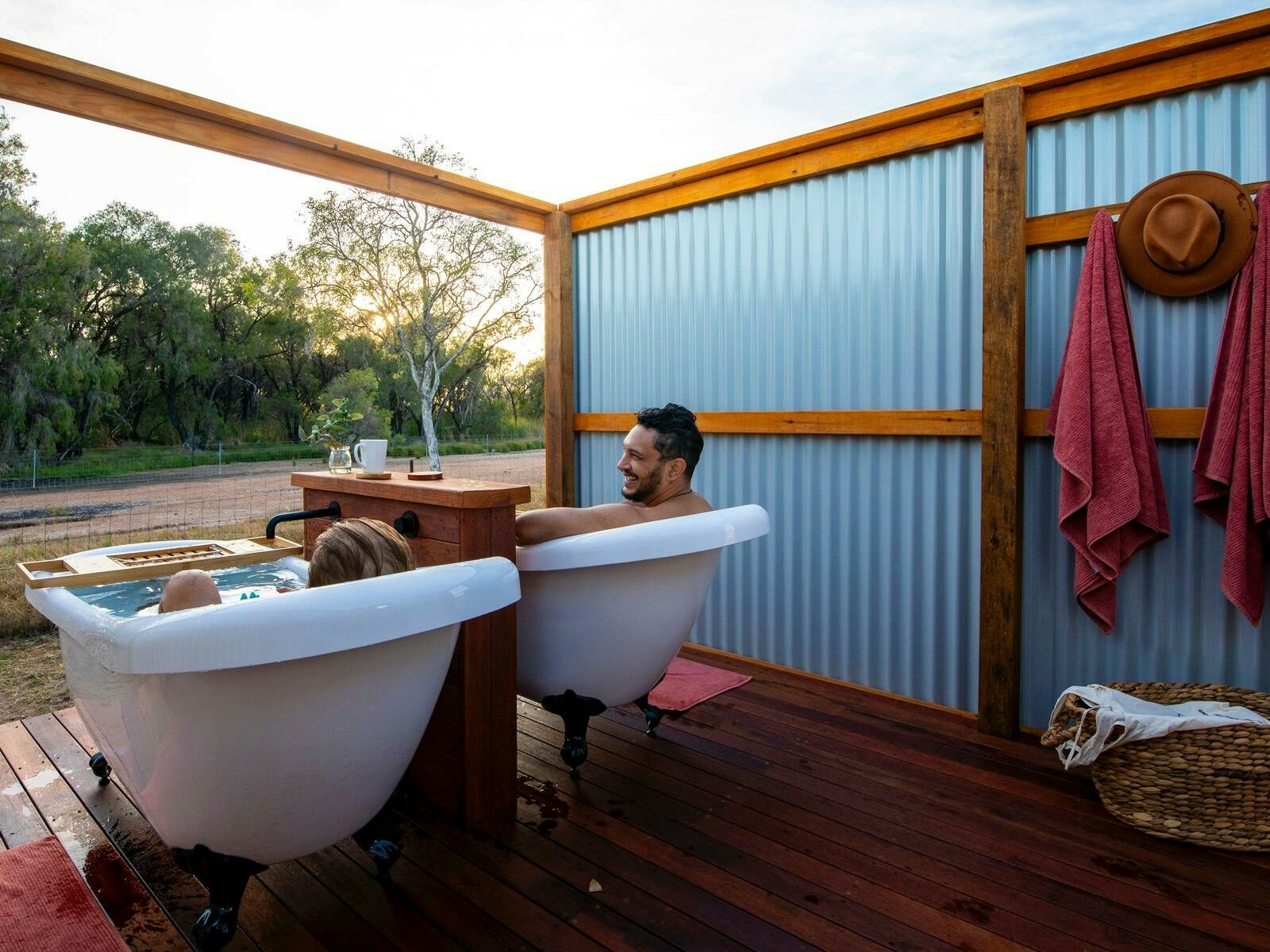 Twin clawfoot baths on Talaroo Eco Tents private bathing deck