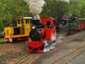 Three steam locomotives with carriages and diesel locomotive in background