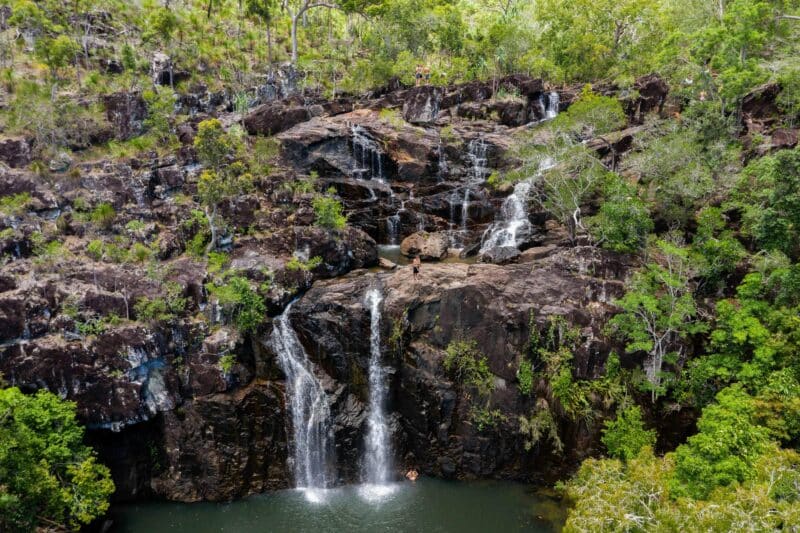 Aerial view of the water falling along the many rockpools into a waterwhole