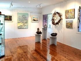 Photo shows Hand crafted pieces and paintings by local artists