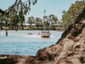 A boat is pulling along kids on a tube in the water at the Goondiwindi Water Park