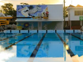 Tia Carrigan on a scissor lift painting a mural on a wall at the Goondiwindi Pool