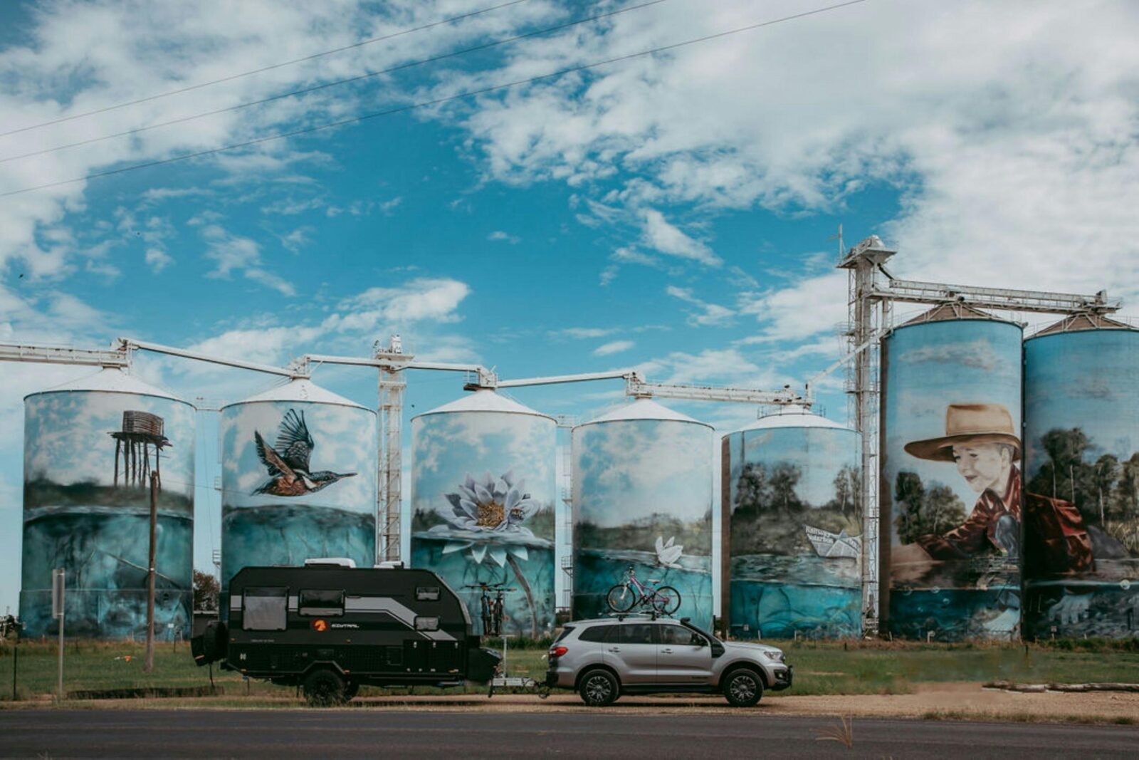 Caravan parked in front of the Yelarbon Silos