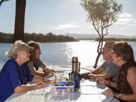 Two elderly couples sitting at a picnic table beside Lake Samsonvale eating and drinking tea