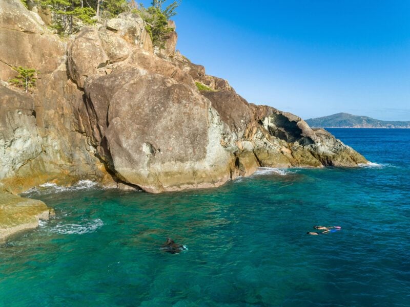 Two people snorkelling near rocks in Luncheon Bay off Hook Island with Manta ray coming towards them