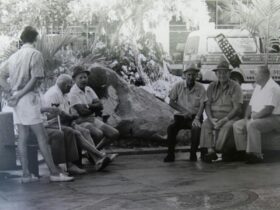 black and white photo of the gentlemen in the silicon bronze statues