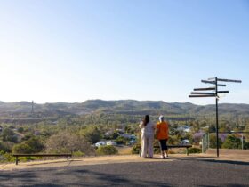 Two mature aged women at a lookout in Mount Morgan