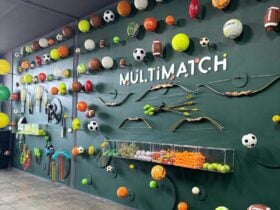 MultiMatch Cleveland equipment wall with sports balls and gear in the indoor studio.