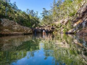 Woman swimming in Rocky Hole and enjoying the scenery