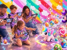 A family in Twinkle Hollow vests laugh together as AR unicorns and eggs appear on their devices.
