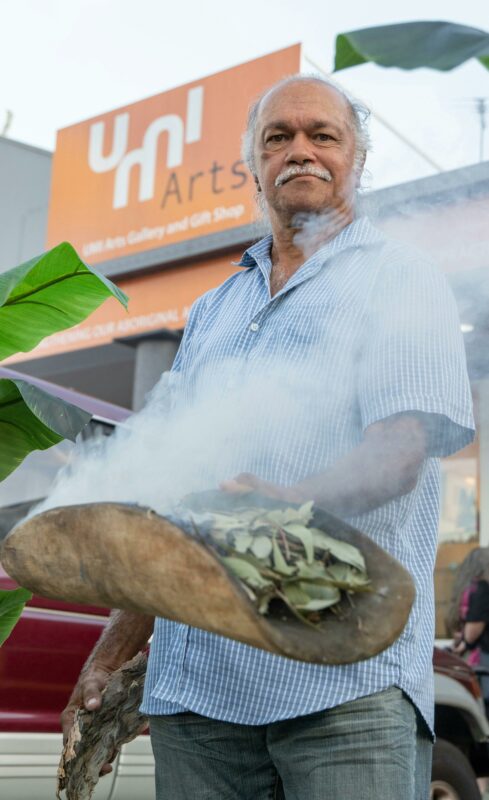 T.O. Henry Fourmile conducting smoking ceremony at UMI Arts