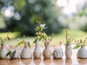 row of ceramic bud vases by Wedding Ceramics by PJ Pottery