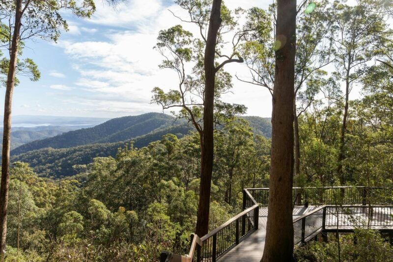 Pathway leading to a lookout across mountain ranges.