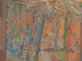 Image credit: Amber Wallis, Treed land, 2025, oil on linen, 180.0 x 160.0 cm (detail)