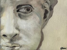Acrylic on canvas showing part of a classical statue’s face with detailed eye and textured hair