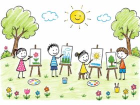 Children painting at easels in a sunny park surrounded by trees and flowers.