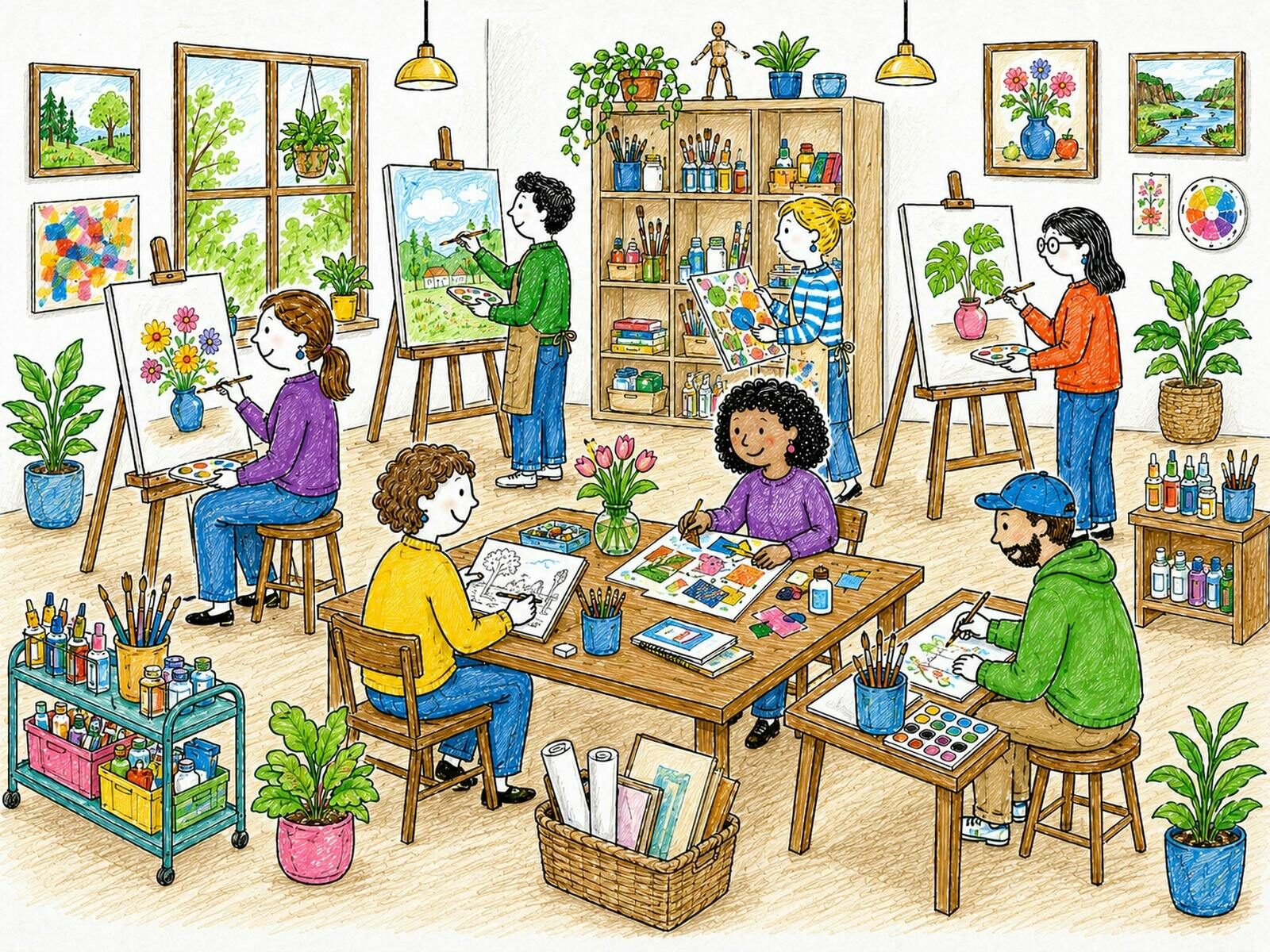 group of artists working in art studio