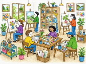 group of artists working in art studio
