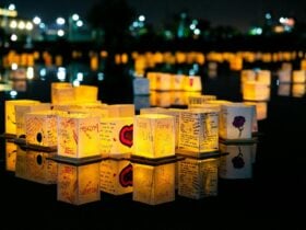 Glowing lanterns float on the water