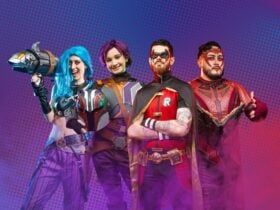 Cosplay characters posing for a group photo.