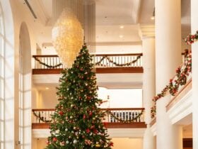 Christmas tree in lobby of Pullman Cairns International