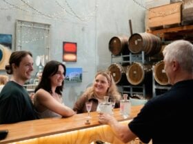 People tasting gin at the bar with the chrief distiller