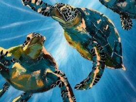 acrylic painting of turtles underwater