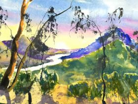 A photo of a painting of a landscape in the Lockyer Valley
