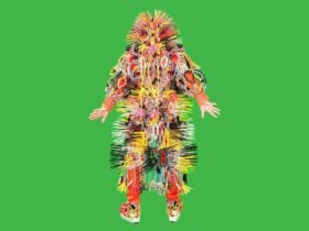 A person covered in colourful string and threads sticking out everywhere. Green background
