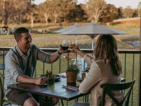 Couple saying cheers with their wine over a dinner for two