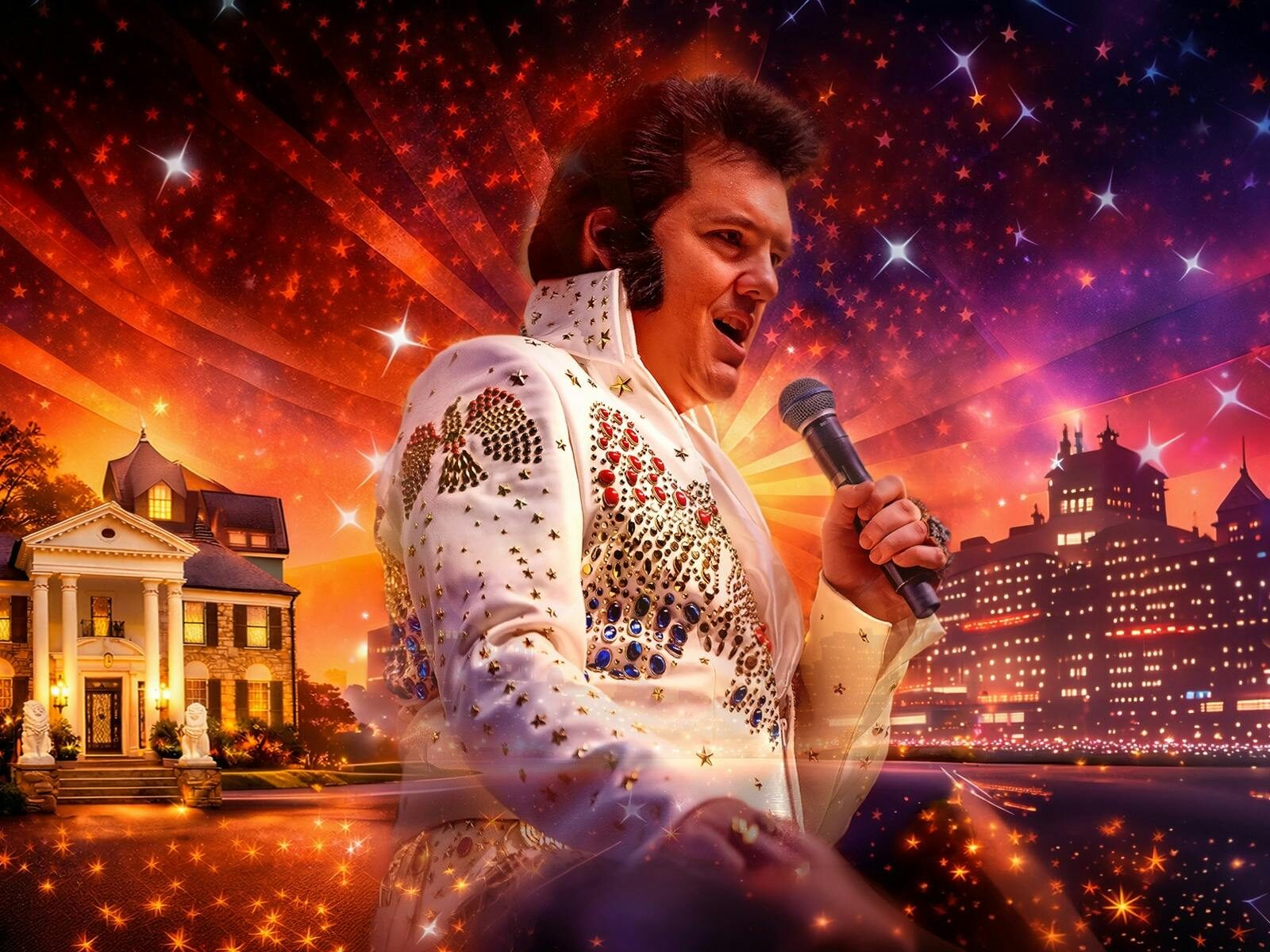 A man dressed in a white jumpsuit holding a mic against a purple and red starry backdrop