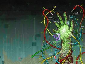 Artwork of a green robotic looking hand reaching up, coloured electrical cords are attached
