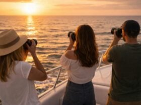 3 people with digital cameras snapping photos of the sunset from the front deck of a boat