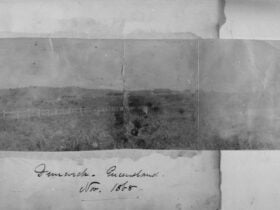 1886 photo of the early Dunwich Benevolent Asylum. Dunwich waterfront on left of image.