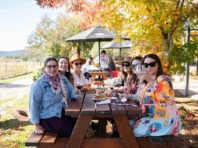 A group of women sitting at wooden table under an orange leafed tree