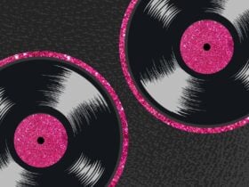 Two records with pink sparkly outline