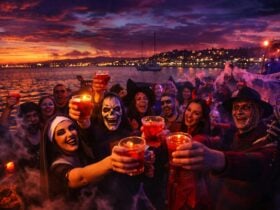 halloween costumed guests with a 