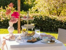 High tea setup on an outdoor table