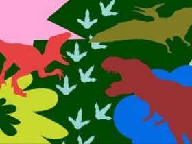 Artwork with dinosaurs and footprints