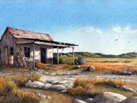 watercolour painting of an old shack in a rural australian context