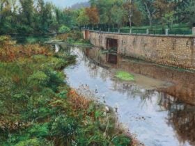 painting of a river stretching around a stone wall