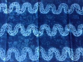 Blue indigo shibori design with horizontal waves.