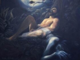 A reclining male figure in moonlit forest, with a translucent female form emerging beside him.