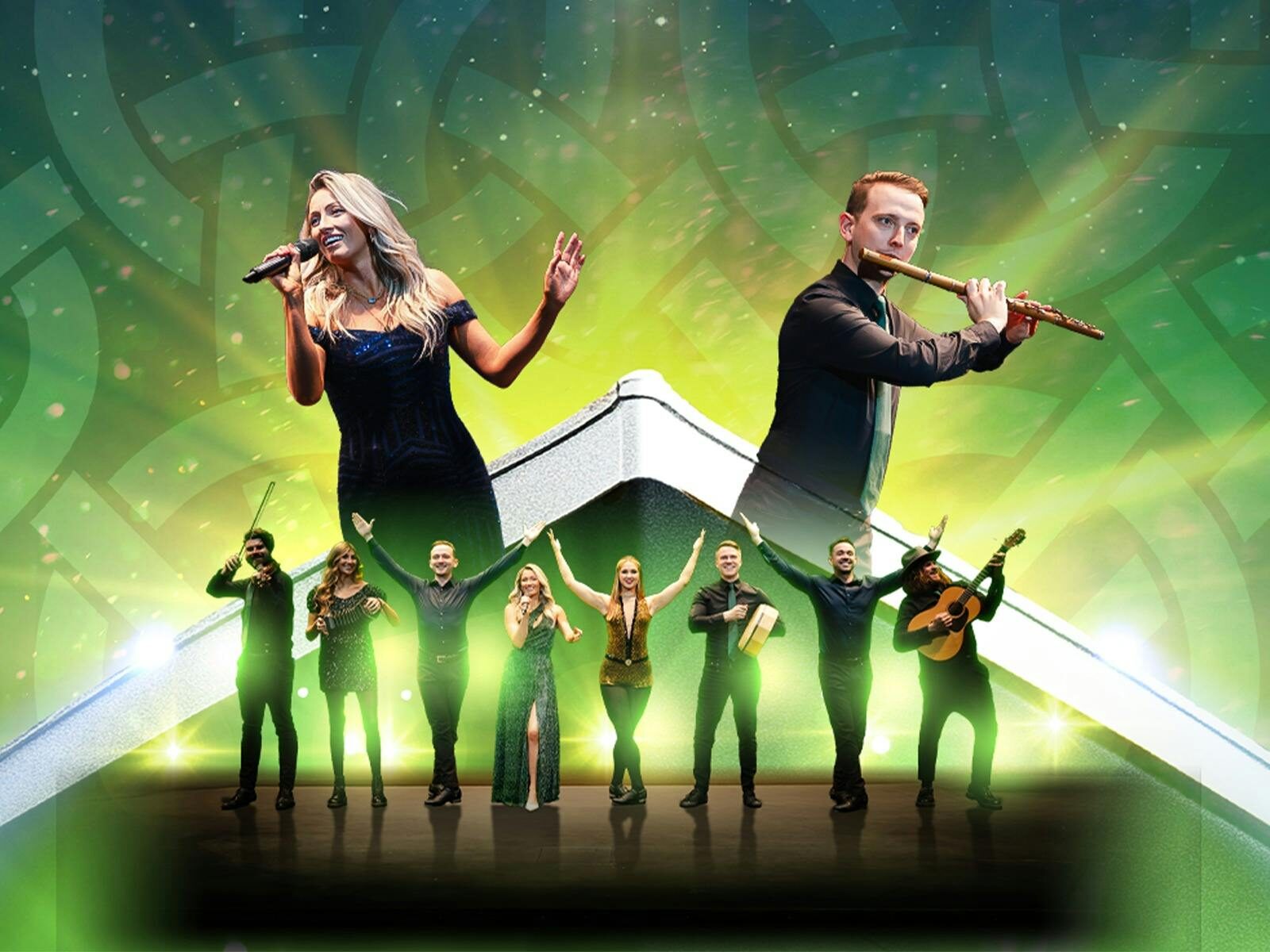 Musicians and dancers on a green background