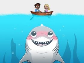 A friendly shark smiling under water at a rowboat floating on top of the water with two kids rowing