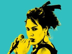 Young version of Kate in yellow tonings with blue background with microphone