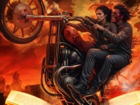 An animation of two people riding a motorbike.