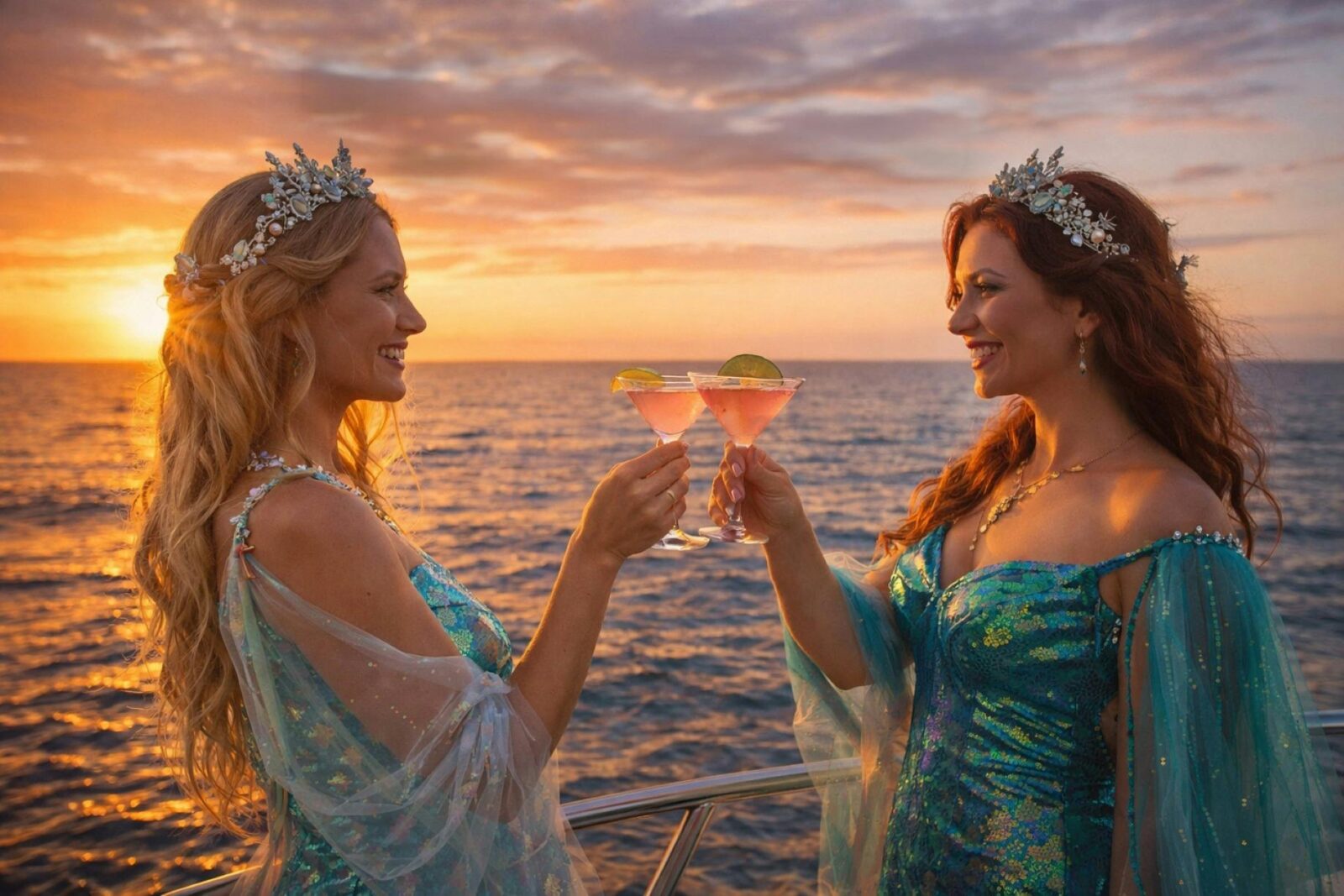 two ladies dressed in enchanted ocean costumer clinking cocktail glasses