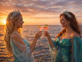 two ladies dressed in enchanted ocean costumer clinking cocktail glasses